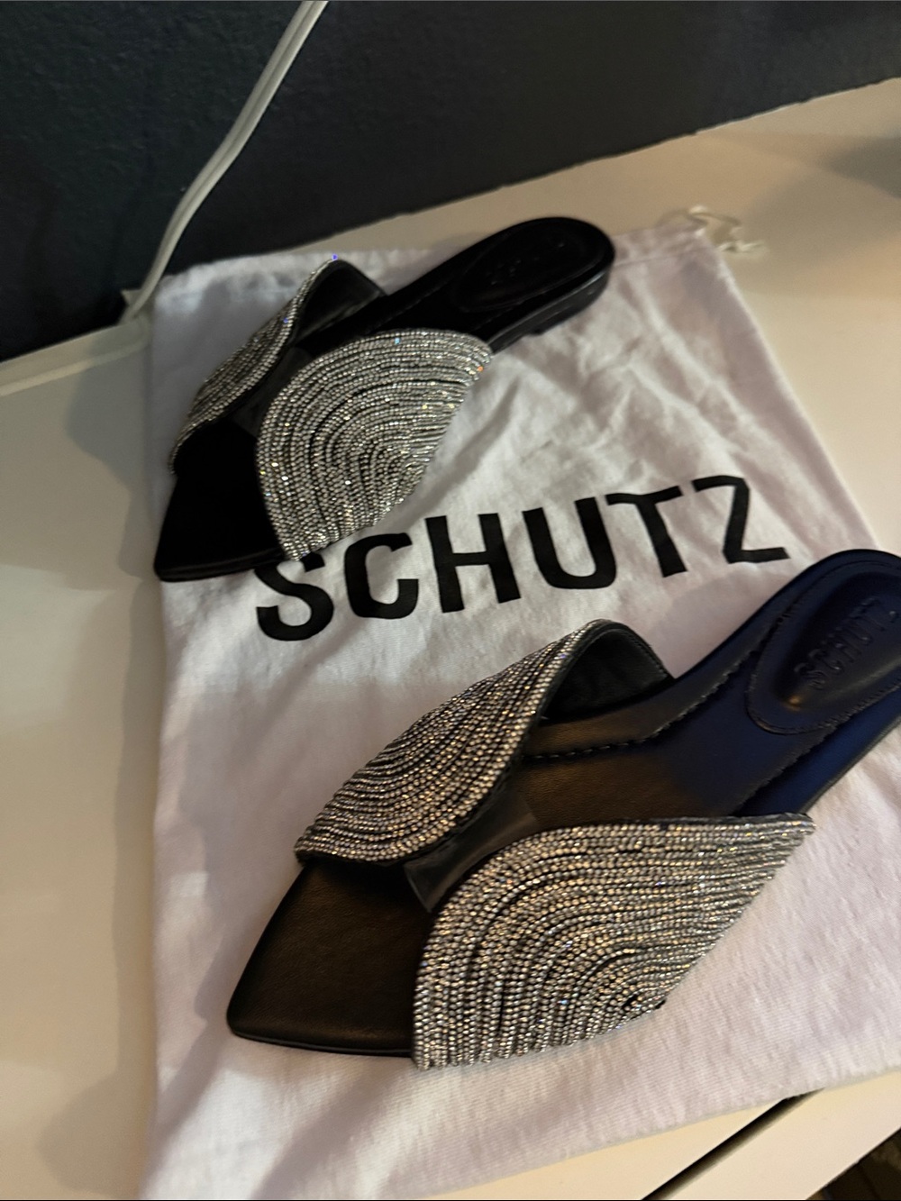 SCHUTZ Black Slide Sandals with Silver Crystal Accents